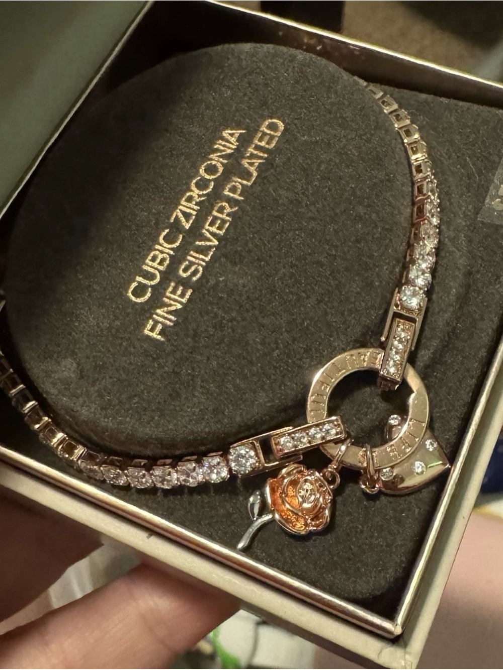 Rose Gold Cubic Zirconia Fine Silver plated Bracelet with Rose Charm